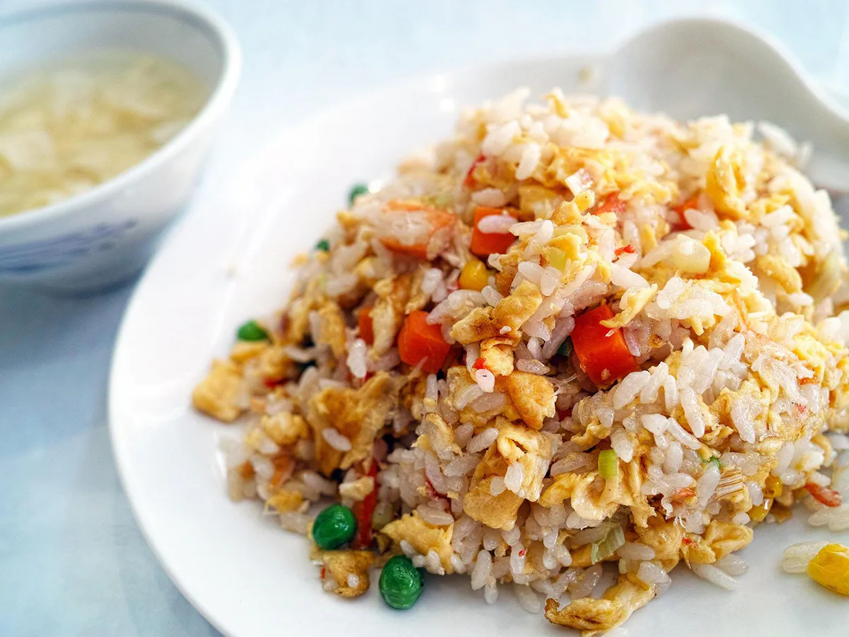 Colorful vegetable egg fried rice with fresh diced ingredients at Lee's Garden, a Chinese Restaurant in Rosenberg